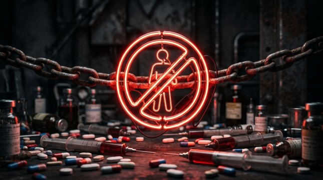 Red neon warning symbol over scattered medical syringes and pills in a dark industrial environment