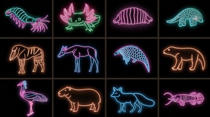 Fototapeta premium Icons display ten animals including mantis shrimp, axolotl, and pangolin with bright neon outlines on black tiles in a grid
