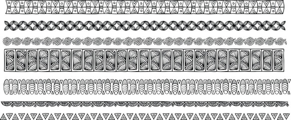 Black and White Striped Seamless Pattern Set with Vintage Floral Lace Borders Decorative Vector Frames and Ethnic Textile Ornament Design Collection © Subas