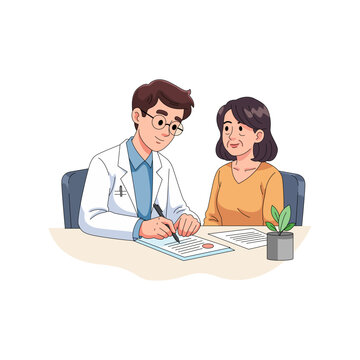 A professional male doctor in a white coat consulting and writing a prescription or medical report for an elderly woman patient in a clinic office