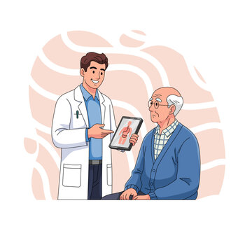 A male doctor holding a digital tablet with human anatomy illustration, explaining medical details to an elderly man patient in a hospital room. Digital healthcare concept vector.