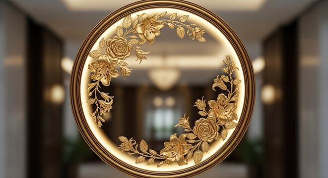 Decorative circular mirror with floral gold frame in an elegant setting.