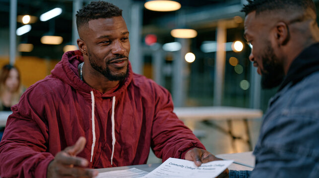 Parolee receiving a community college enrollment packet from a volunteer mentor inside a workforce development center, both seated at a folding table, capturing second chance education, reentry supp