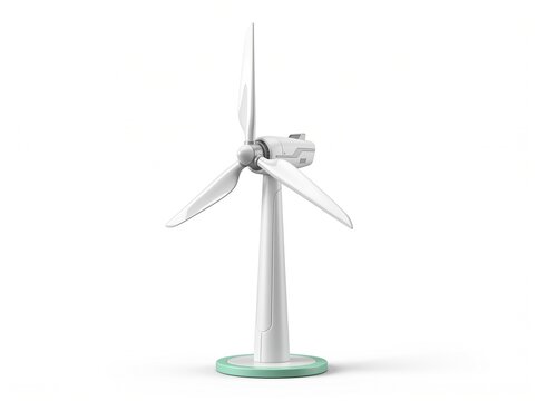 Modern white wind turbine model on a circular base representing clean sustainable energy and green power tech