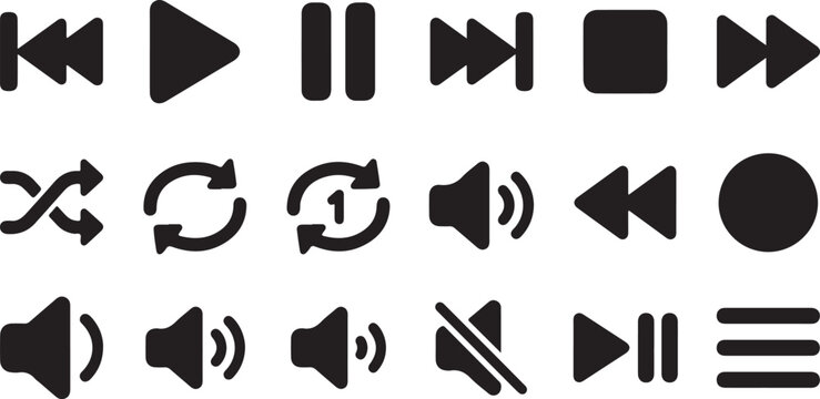 Black audio control icons, playback symbols, media buttons, vector set