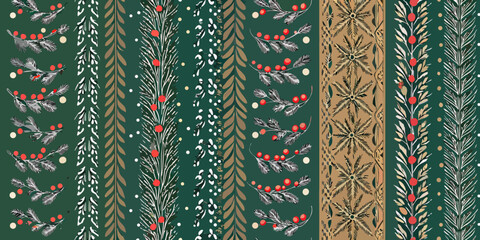 Evergreen branch and berry floral ornament repeating pattern design © Hridoy