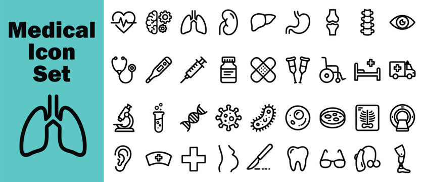 Medical Icon Set, Simple Outline Vector Icons of Healthcare, Hospital, Anatomy, Laboratory, Medicine and Diagnostic Symbols