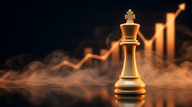 Golden chess king piece symbolizing strategic business leadership, finance, and achieving remarkable market growth against a dark, foggy background.