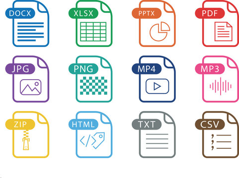 Set of 12 flat file type icons, document spreadsheet presentation image audio video and archive format vector symbols