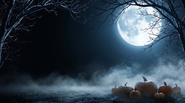 Dark blue halloween night scene with pumpkins on misty ground under a glowing full moon sky