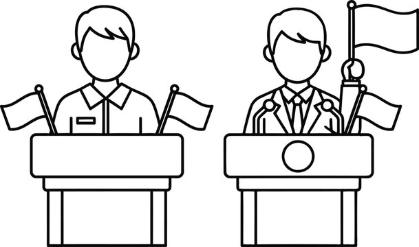 Cartoon illustration of two men giving speeches from podiums with flags