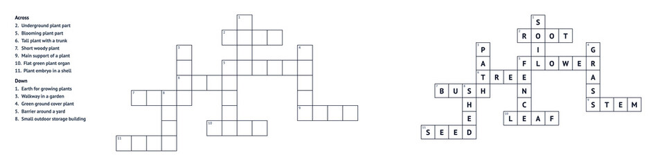 Obraz premium Holiday crossword puzzle with answers, black and white, educational Garden Life activity for kids with copy space