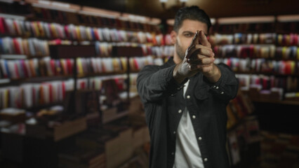 Hispanic man with beard aims hands like pistol, pointing finger at camera among bookshelves in a bookstore building  tension threat. © Krakenimages.com