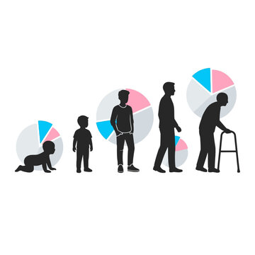 Evolution of Human Life Stages Depicted Through Silhouette Figures and Statistical Pie Charts Representing Demographic Growth and Aging