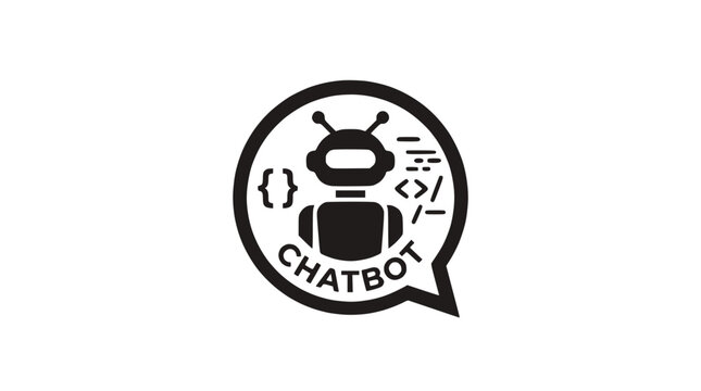 Chatbot assistant icon with code symbols on black.