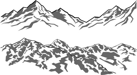 Fototapeta premium Minimalist mountain silhouettes and ridges vector set. Grey geometric hand-drawn style mountain range icons isolated on transparent background. Graphic elements for travel, adventure, hiking, and outd