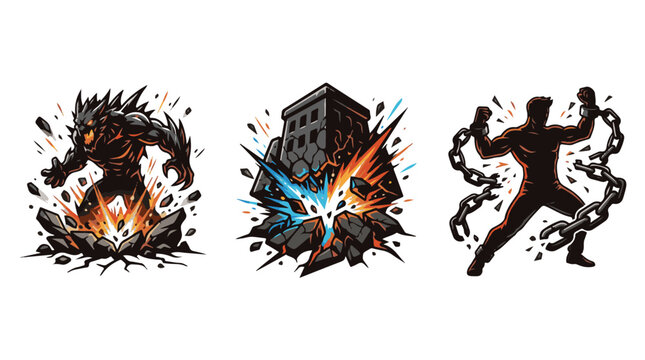 Dynamic monster and superhero vector illustrations, powerful fantasy creature breaking free, building destruction, and a strong man shattering chains
