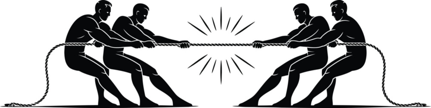 Tug of war silhouette vector illustration, competitive team strength challenge featuring athletes pulling rope isolated on white background design