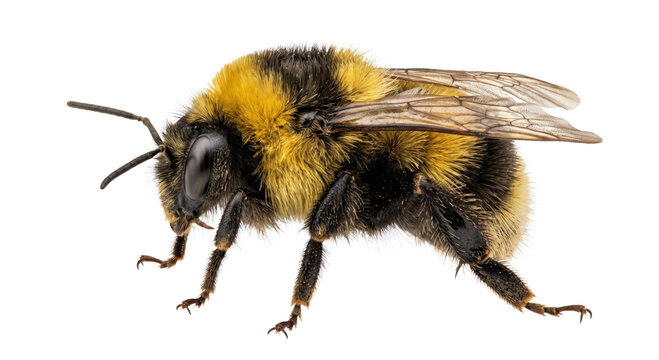 Detailed macro shot of a fuzzy bumblebee with black and yellow stripes on a white background