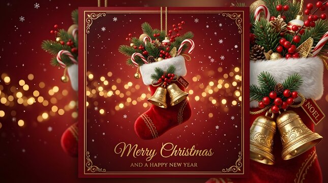 Merry christmas greeting card with golden bells and holiday stocking on a dark purple background