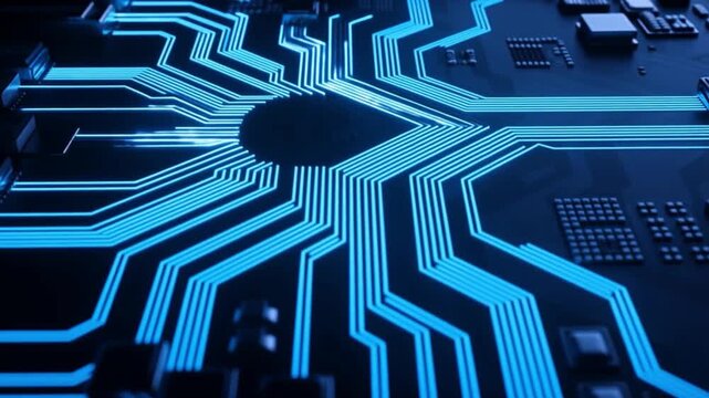 Futuristic digital circuit board with glowing blue lines, representing data flow, artificial intelligence, and advanced computing technology.