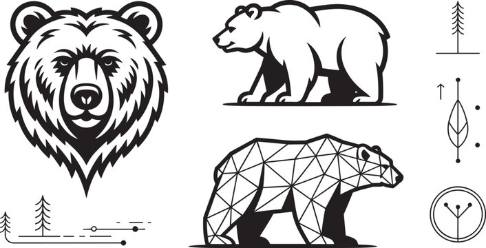 Bear vector illustration set featuring geometric origami grizzly head silhouette and wilderness pine tree elements for outdoor adventure logo design,