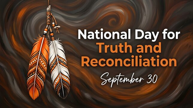 National day for truth and reconciliation poster with orange eagle feathers swirls