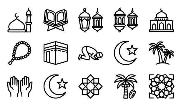 Collection of islamic cultural icons featuring kaaba mosque prayer hands quran and traditional motifs, religion