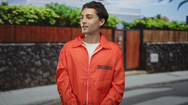 Man in orange jumpsuit stands with hands clasped and inmate number visible on street, looking sideways; isolation reflection.