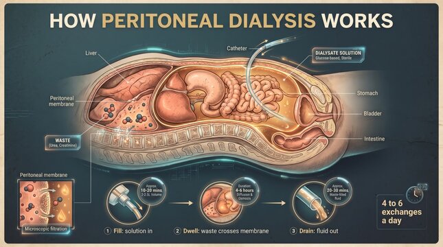 Infographic explaining how peritoneal dialysis works