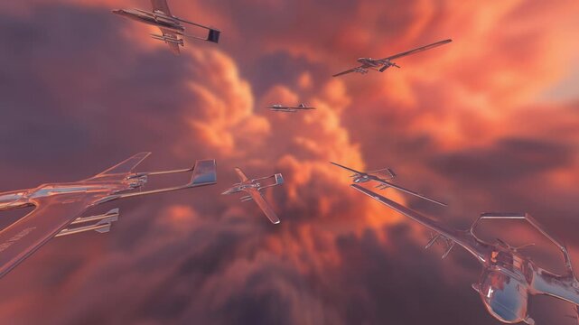 A military drone squadron flying in organized formation through a warm orange dusk sky in a 3D render