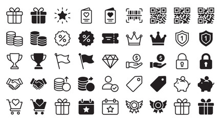 Fototapeta premium A collection of black and white featuring shopping, finance, and reward symbols including gift boxes, qr codes, coins, crowns, trophies, shields, padlocks, piggy banks, and shopping carts