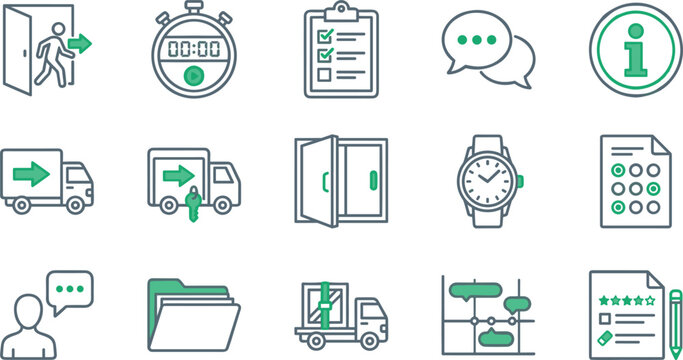 Vector linear customer service logistics shipping and project management flat line icon set featuring delivery truck stopwatch folder chat and questionnaire elements