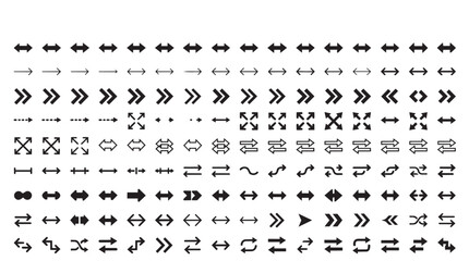 Fototapeta premium A comprehensive collection of black and white directional arrow featuring various styles including double-headed, curved, diagonal, and multi-directional symbols arranged in a grid pattern