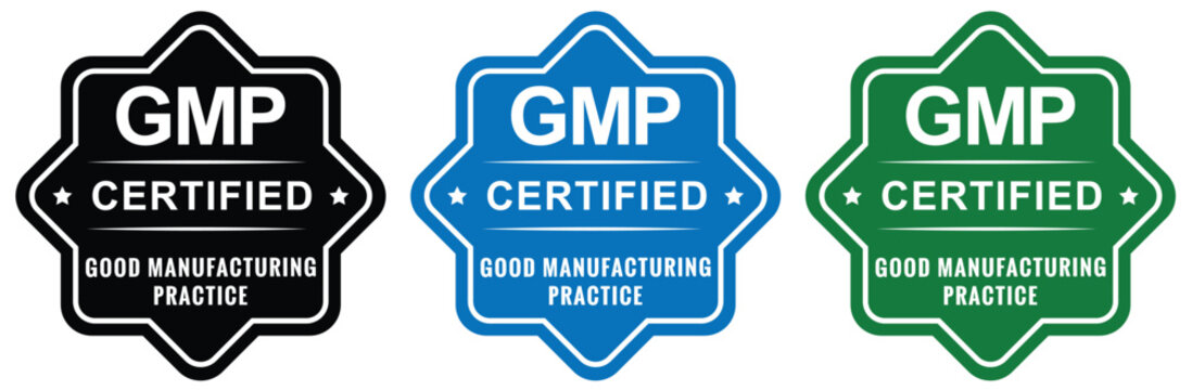 GMP Certified Good Manufacturing Practice Badge Set, Black, Blue, and Green Star Seals and Stamp Icons, Quality Standards Compliance Vector Illustration