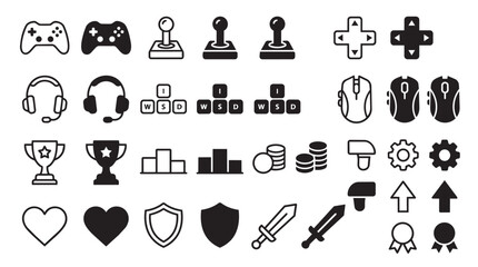 Set of black and white gaming featuring controllers, joysticks, headsets, wasd keys, computer mice, trophies, coins, gear, hearts, shields, swords, and achievement badges on a white background © Vector Vault