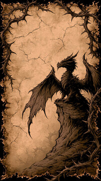 Stylized comic fantasy scroll with dark dragon and blank parchment for epic poster design