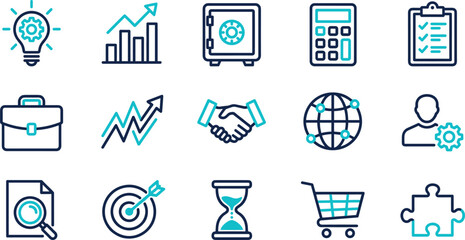 Vector linear business management time organization and productivity line icon set featuring elevator door checklist clock calendar and hourglass elements © Khairul