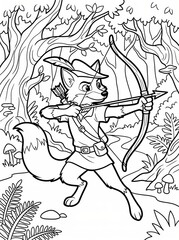 Fototapeta premium Coloring page, agile fox archer aiming a bow and arrow.