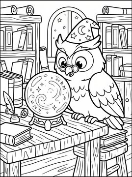 Coloring page, wise owl seer gazing into a crystal ball.
