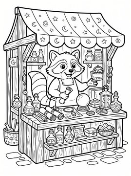 Coloring page, raccoon merchant selling magical artifacts.