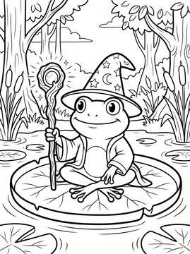 Coloring page, cute frog mage holding a glowing staff.