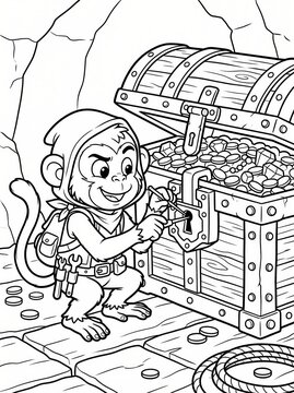 Coloring page, clever monkey picking a treasure chest lock.