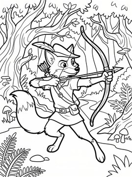 Coloring page, agile fox archer aiming a bow and arrow.