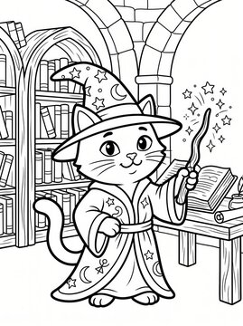 Coloring page, cute cat wizard casting a spell in a library.
