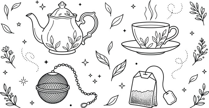 Herbal tea time line art vector collection featuring vintage teapot hot cup strainer tea bag and loose botanical leaves
