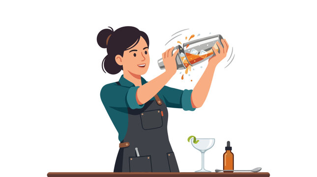 Professional female bartender shaking a craft cocktail with ice splashes at bar counter flat design vector illustration.