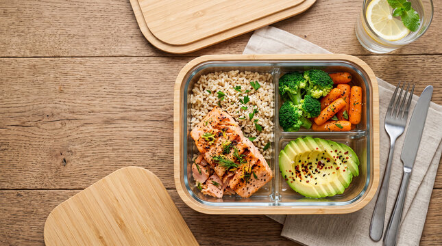 Healthy meal prep with grilled salmon, rice, broccoli, carrots, and avocado