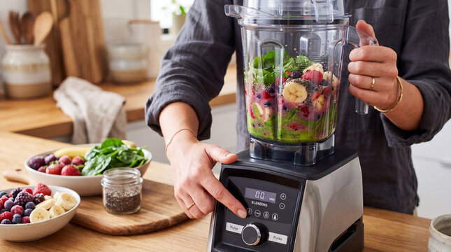 Woman preparing a fresh and healthy smoothie in a modern kitchen
