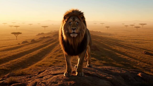 Majestic male lion standing on rocky outcrop overlooking vast savannah landscape with scattered trees at sunset, showcasing wilderness and wild animal presence